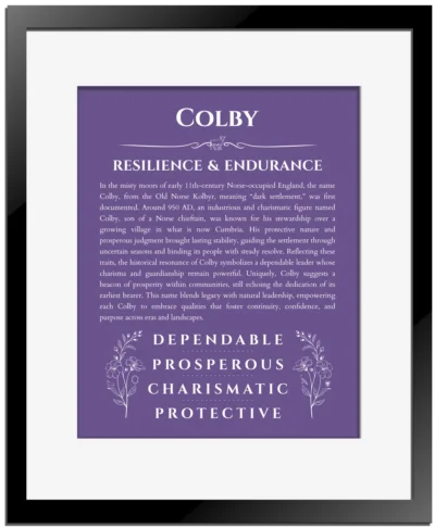 Colby name origin print with meaning and traits in purple with black matte frame