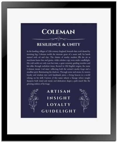Coleman name meaning wall art by Get Your Story in navy blue with black matte frame