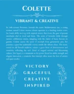 Colette name origin print with meaning and traits in blue