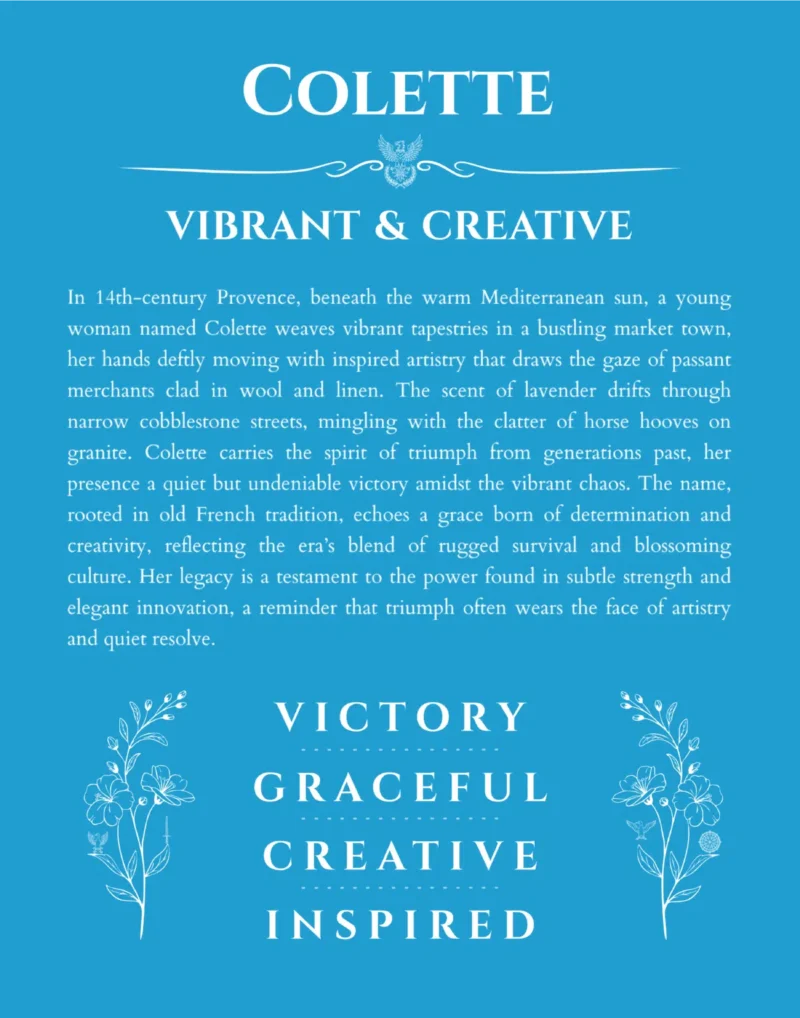 Colette name origin print with meaning and traits in blue