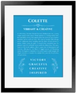 Colette name origin print with meaning and traits in blue with black matte frame