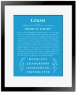 Colin name meaning gift print in blue with black matte frame