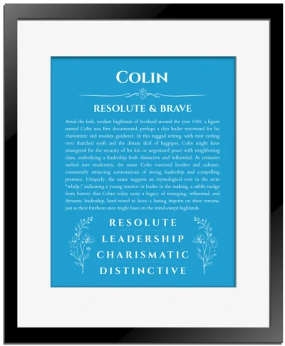 Colin name meaning gift print in blue with black matte frame