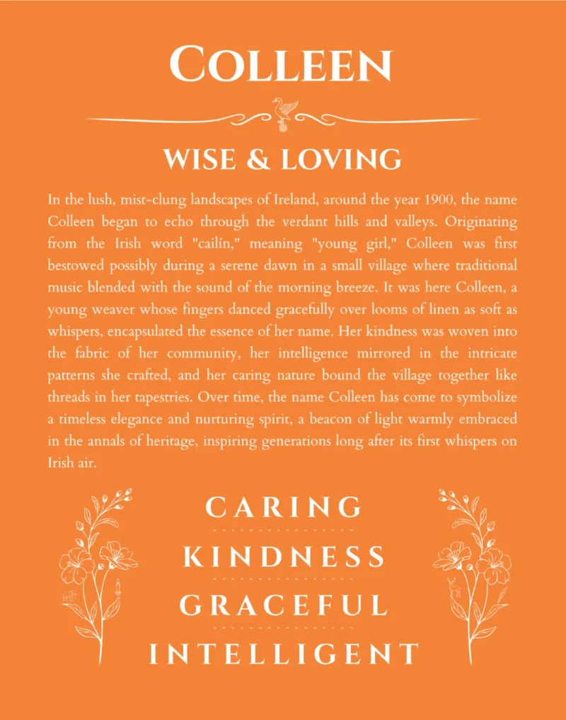 Colleen name origin print with meaning and traits in orange