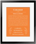 Colleen name origin print with meaning and traits in orange with black matte frame