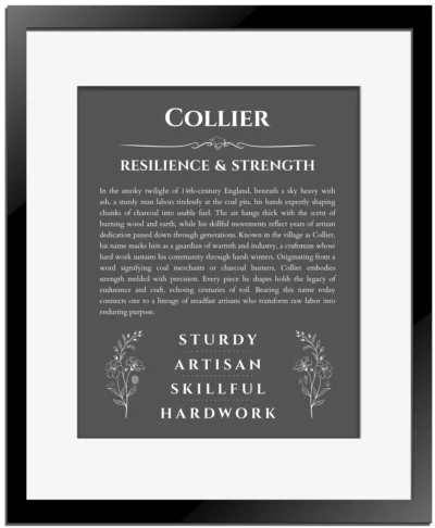 Collier custom name meaning print in gray with black matte frame