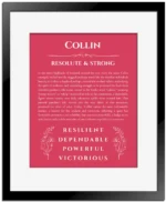Collin personalized name print with origin and traits in red with black matte frame