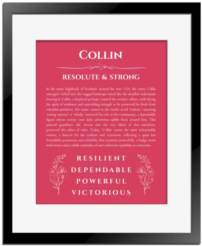 Collin personalized name print with origin and traits in red with black matte frame