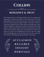 Collins name origin print with meaning and traits in navy blue