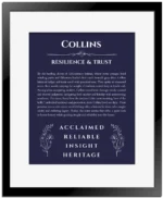 Collins name origin print with meaning and traits in navy blue with black matte frame