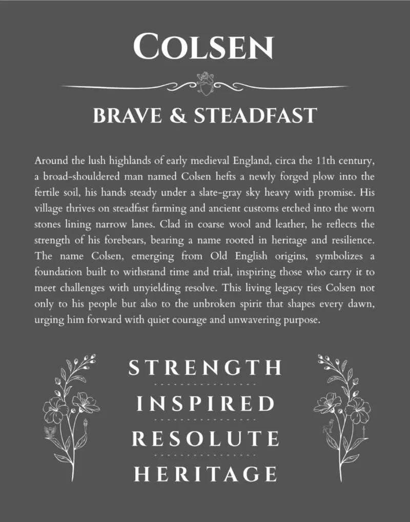 Colsen personalized name print with origin and traits in gray