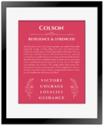 Colson custom name art showing meaning and origin in red with black matte frame