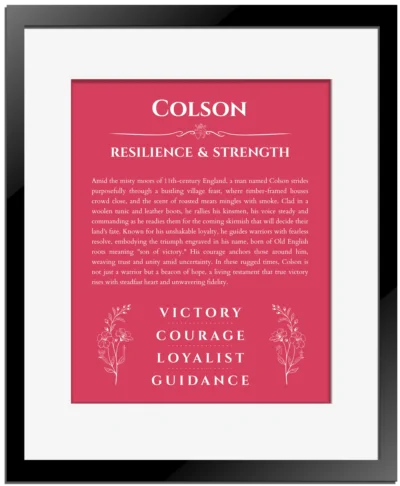 Colson custom name art showing meaning and origin in red with black matte frame