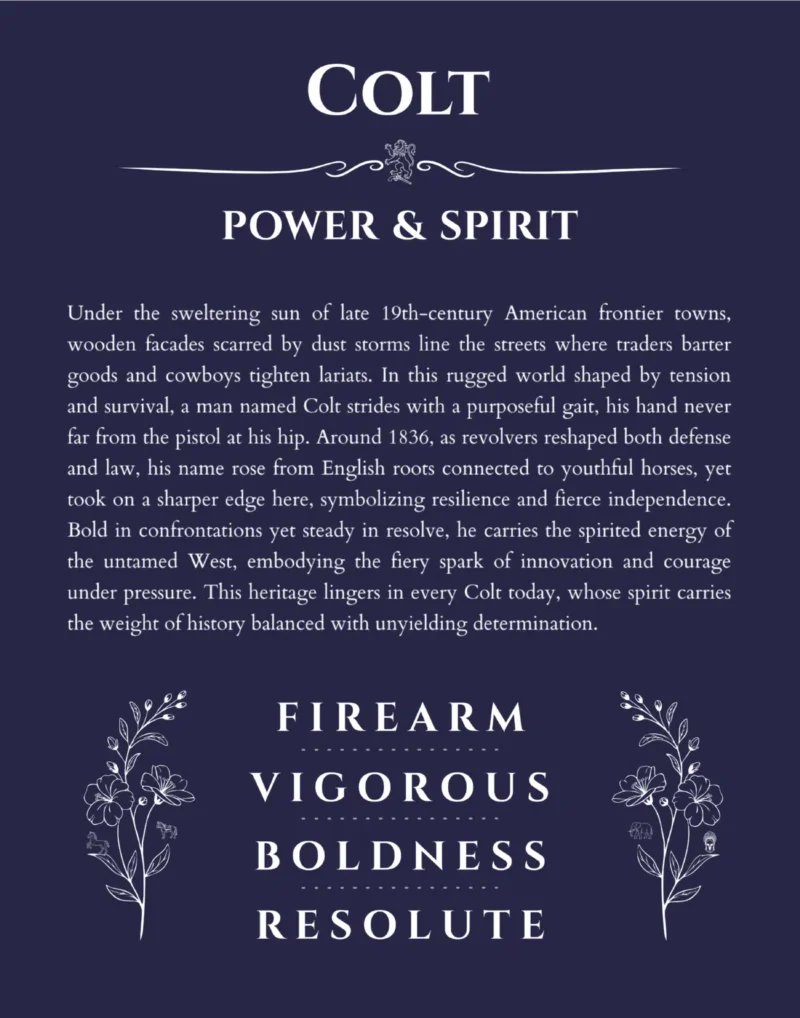 Colt personalized name art with origin story in navy blue