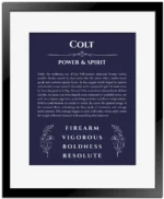 Colt personalized name art with origin story in navy blue with black matte frame