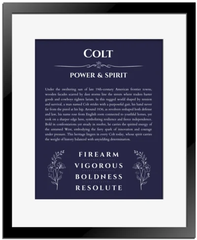 Colt personalized name art with origin story in navy blue with black matte frame