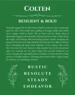 Colten personalized name art with origin story in dark green
