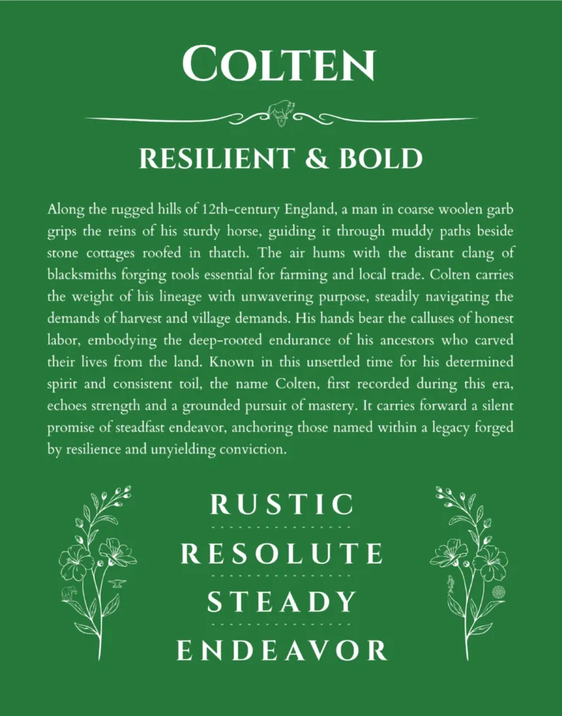 Colten personalized name art with origin story in dark green