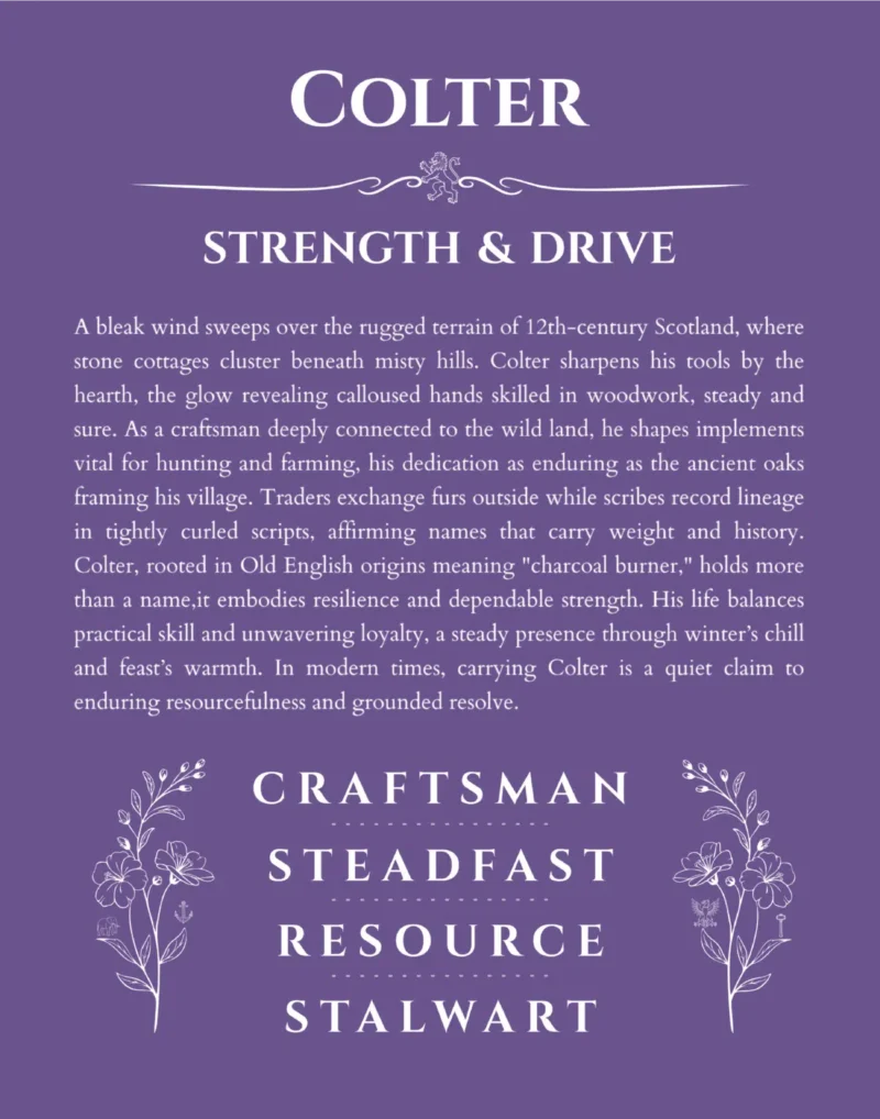 Colter personalized name print with origin and traits in purple
