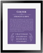 Colter personalized name print with origin and traits in purple with black matte frame