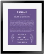 Conan custom name art showing meaning and origin in purple with black matte frame