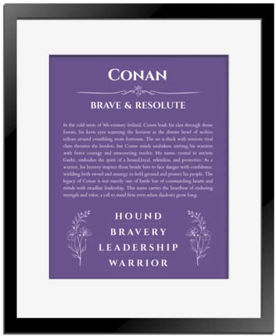 Conan custom name art showing meaning and origin in purple with black matte frame