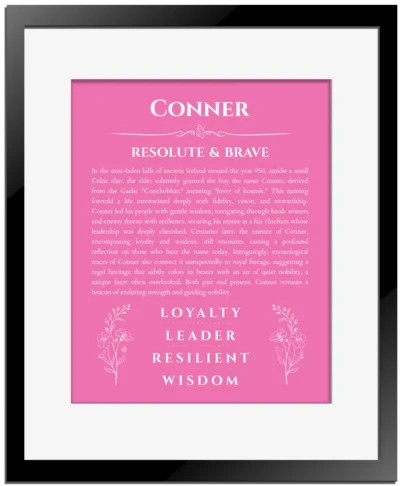 Conner personalized name meaning print in pink with black matte frame