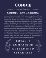 Connie personalized name print with origin and traits in navy blue