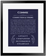 Connie personalized name print with origin and traits in navy blue with black matte frame