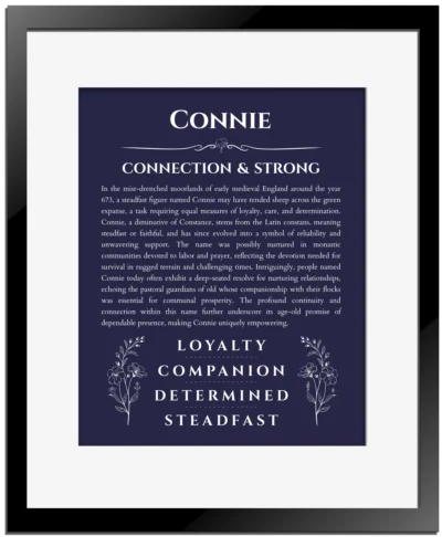 Connie personalized name print with origin and traits in navy blue with black matte frame