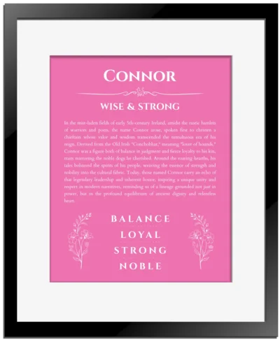 Connor name meaning wall art by Get Your Story in pink with black matte frame