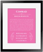 Conrad personalized name meaning print in pink with black matte frame