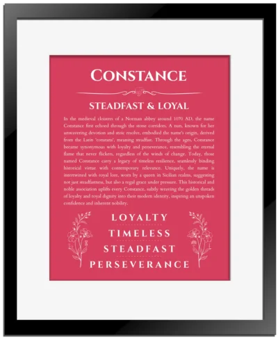 Constance personalized wall art with the story of your name in red with black matte frame