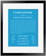 Constantine personalized wall art with the story of your name in blue with black matte frame