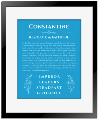 Constantine personalized wall art with the story of your name in blue with black matte frame