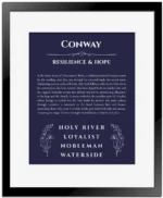Conway personalized name meaning print in navy blue with black matte frame