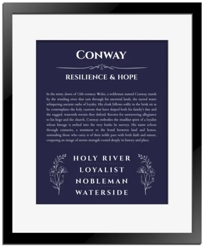 Conway personalized name meaning print in navy blue with black matte frame