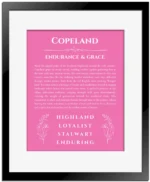 Copeland personalized name art with origin story in pink with black matte frame