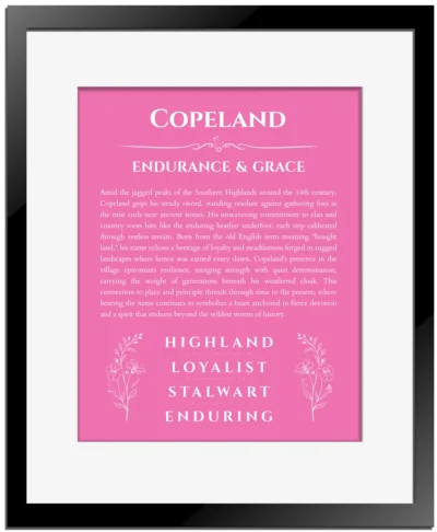 Copeland personalized name art with origin story in pink with black matte frame
