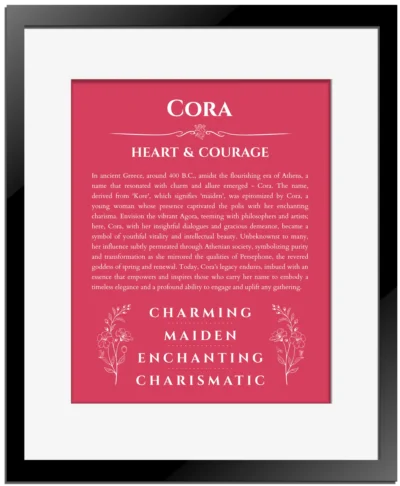 Cora custom name meaning print in red with black matte frame