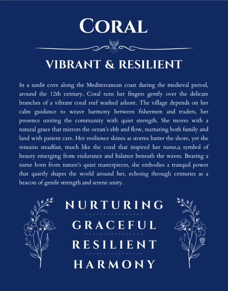 Coral name origin print with meaning and traits in deep blue
