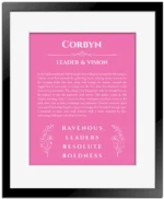 Corbyn name meaning wall art by Get Your Story in pink with black matte frame