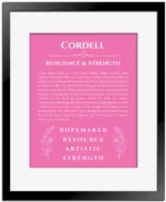 Cordell personalized name print with origin and traits in pink with black matte frame