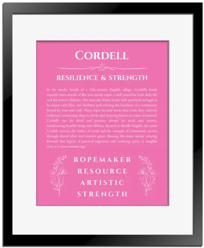 Cordell personalized name print with origin and traits in pink with black matte frame