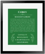 Corey custom name meaning print in dark green with black matte frame