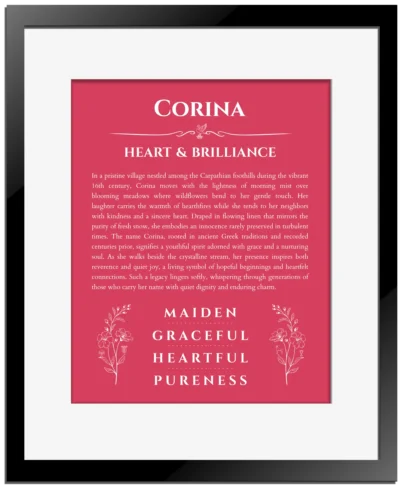 Corina personalized name meaning print in red with black matte frame