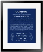 Corinne personalized name meaning print in deep blue with black matte frame