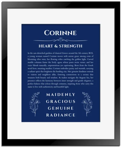 Corinne personalized name meaning print in deep blue with black matte frame