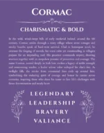 Cormac custom name art showing meaning and origin in purple