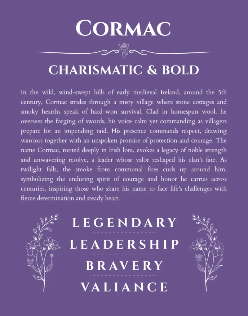 Cormac custom name art showing meaning and origin in purple